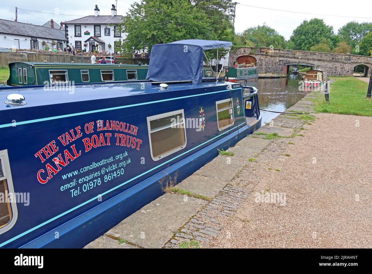 Vale of Llangollen Canal Boat Trust barge, Trevor, Llangollen, Wales, UK,  LL20 7TP Stock Photo