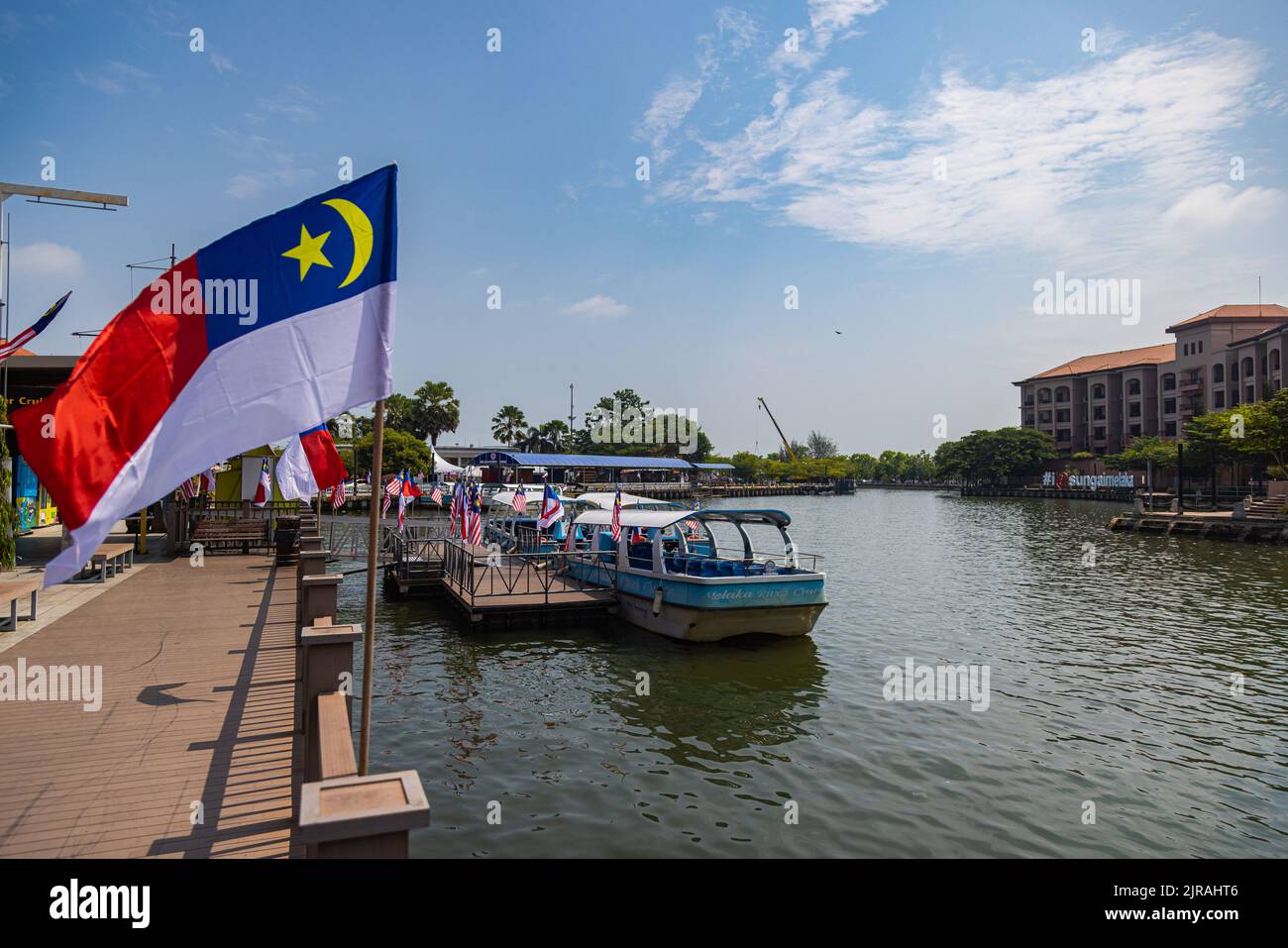 Malacca, Malaysia - August 10, 2022: The flag of the Malaysian state Malacca. Before Independence Day, the Hari Merdeka or Merdeka Day, all cities are Stock Photo