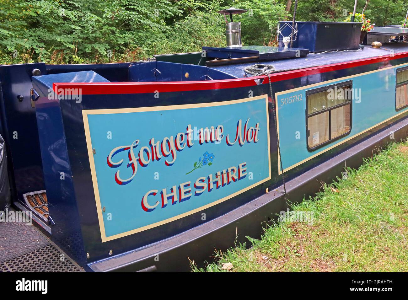 Forget Me Not, canal barge 505782, Cheshire, moored in Llangollen, Wales, UK, LL20 7BU Stock Photo