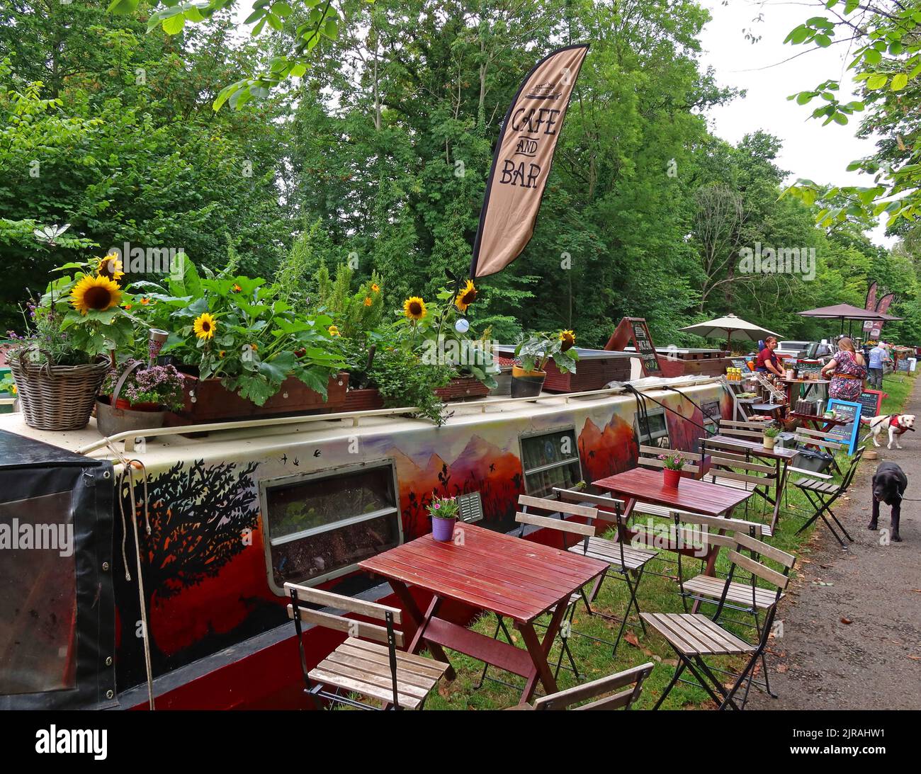 Gangplank spirits and preserves narrow boat - barge shop on Vale of Llangollen, Trevor, Llangollen, Wales, UK,  LL20 7TP Stock Photo