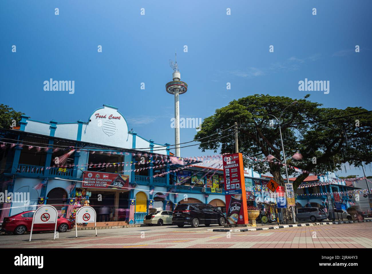 Malacca, Malaysia - August 10, 2022: View from Samudera Square to the Menara Taming Sari  observation tower. The observation platform moving up for to Stock Photo