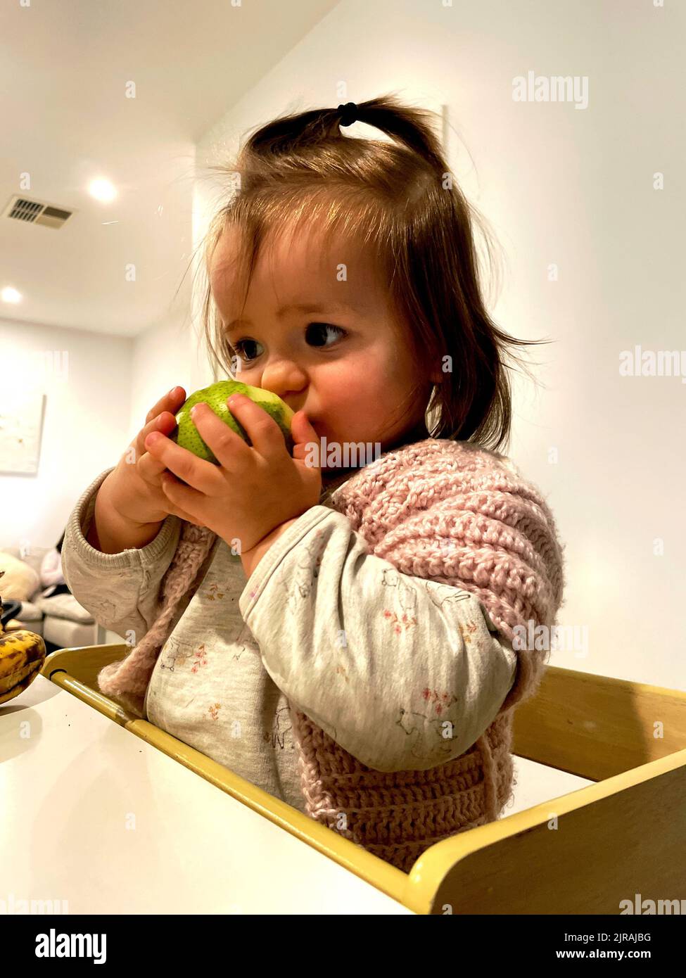 A small Caucasian girl eating a pear standing up next to a bench Stock Photo