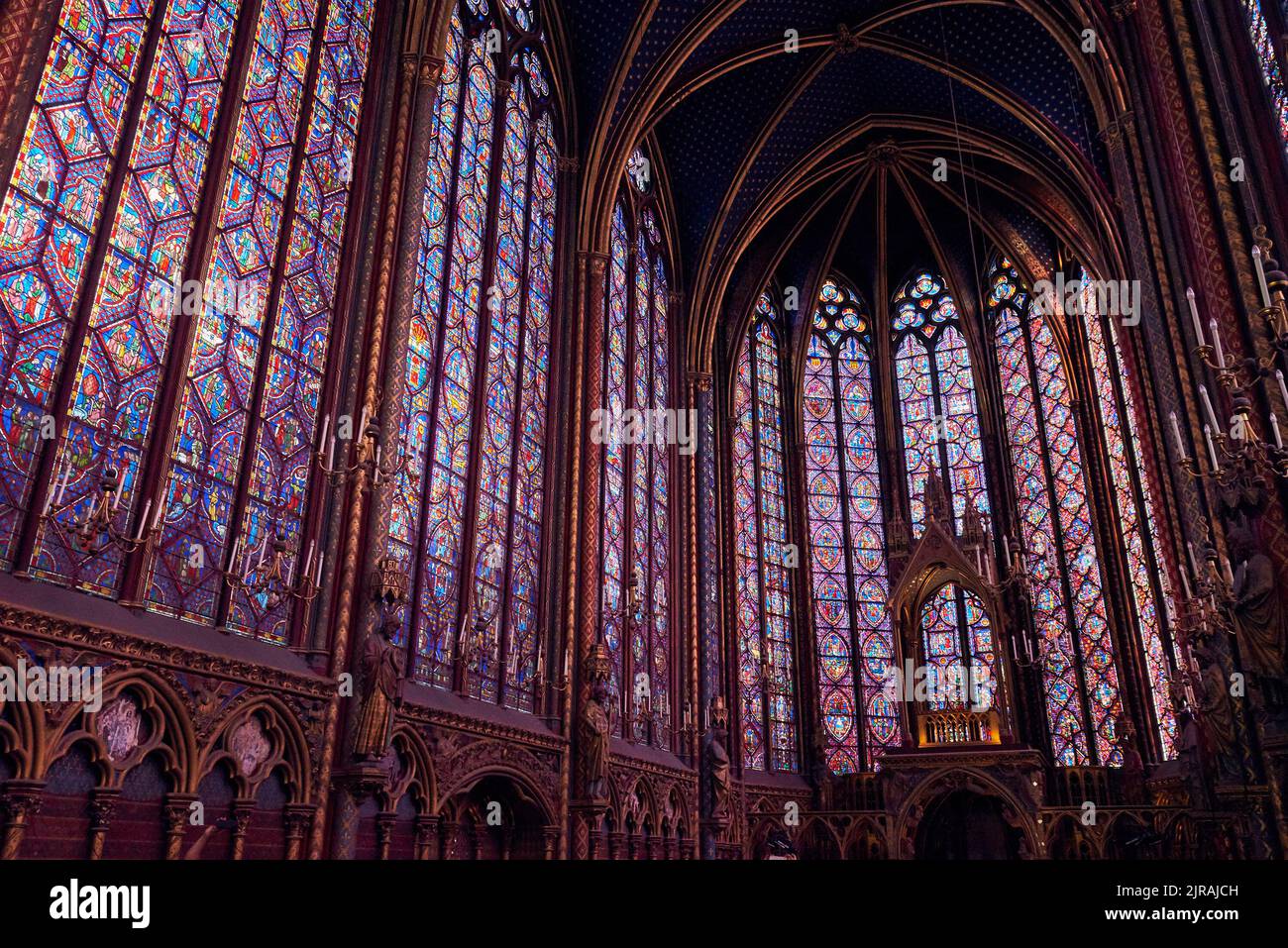 PARIS, FRANCE -APRIL 8, 2018:  The Sainte-Chapelle is a royal chapel in the Gothic style in Paris. It has the most complete ensemble of stained-glass Stock Photo