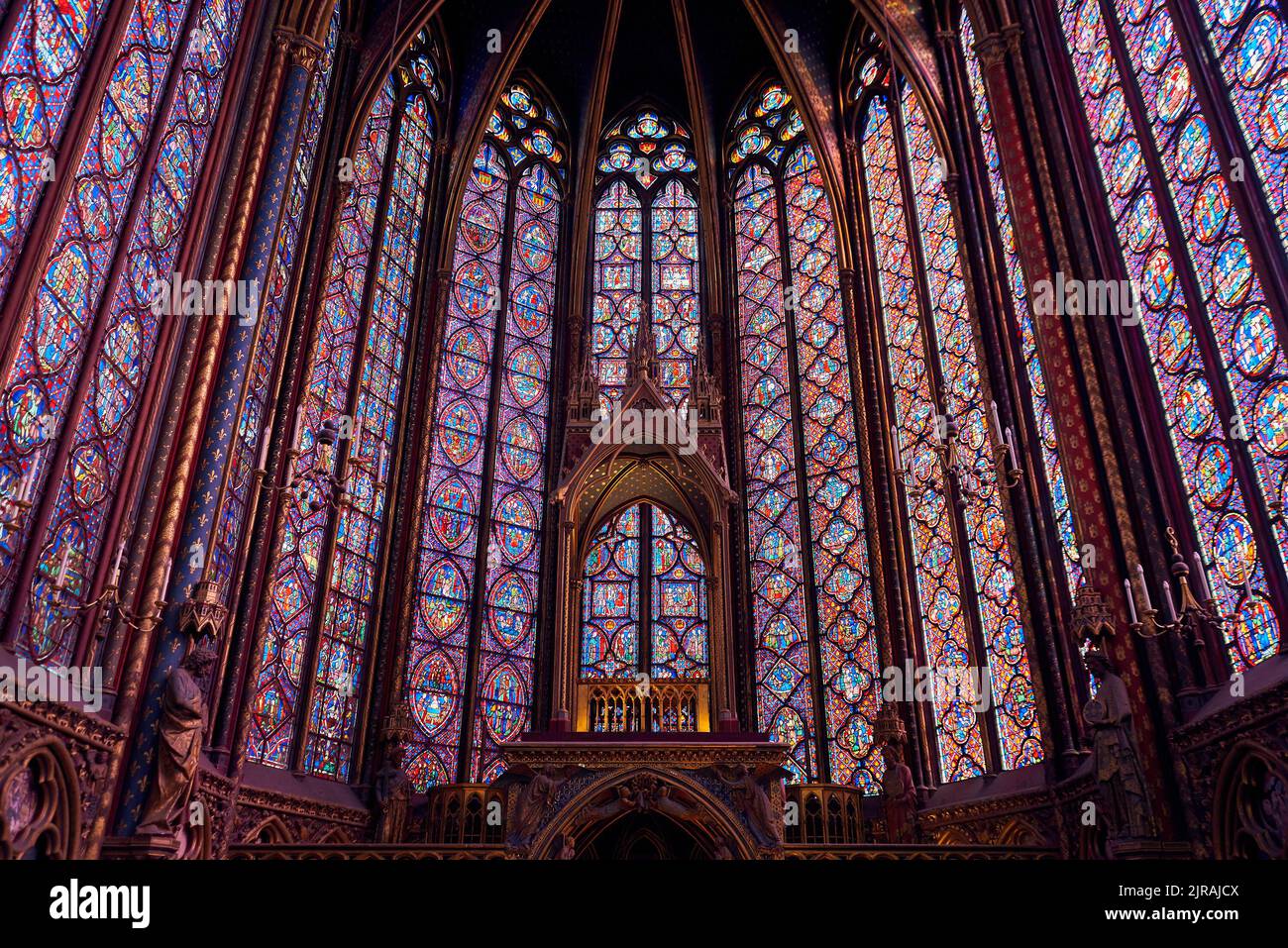 PARIS, FRANCE -APRIL 8, 2018:  The Sainte-Chapelle is a royal chapel in the Gothic style in Paris. It has the most complete ensemble of stained-glass Stock Photo