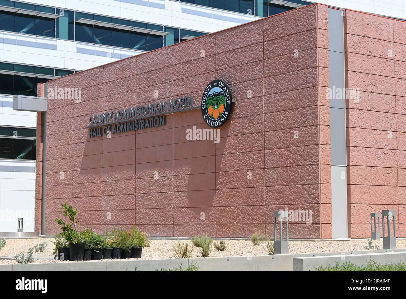 SANTA ANA, CALIFORNIA - 22 AUG 2022: Closeup of the sign at the The Orange County Hall of Administration building North in the Civic Center area of Do Stock Photo