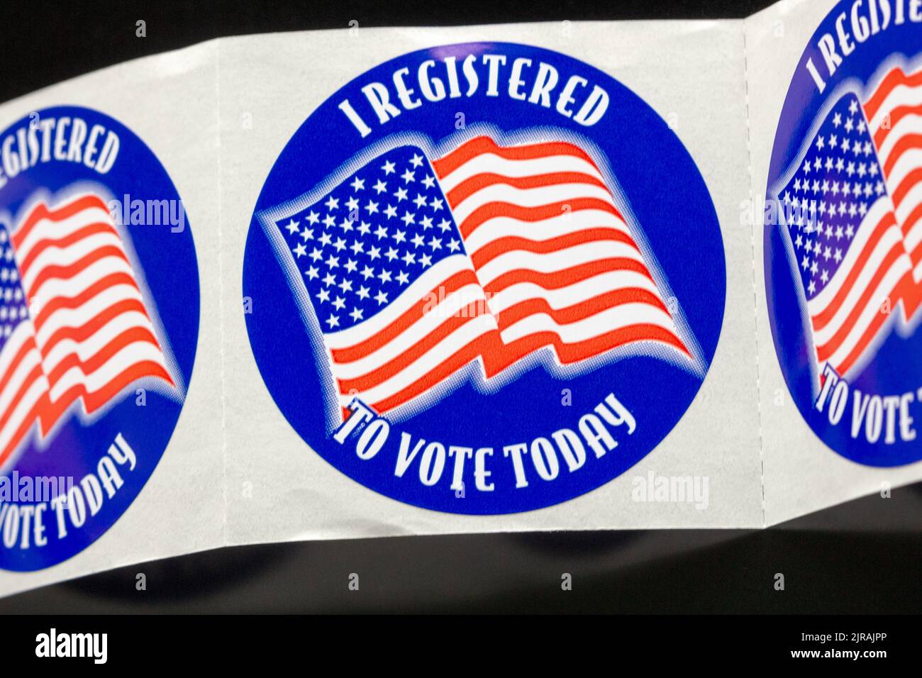 Stickers say 'I registered to vote today' for the 2022 mid-term election in the USA Stock Photo