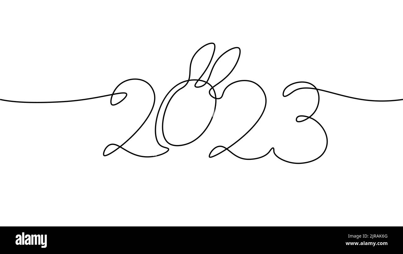 2023 New Year single continuous line art. Holiday greeting card headline decoration. Date numbers concept design. One sketch outline drawing white Stock Vector