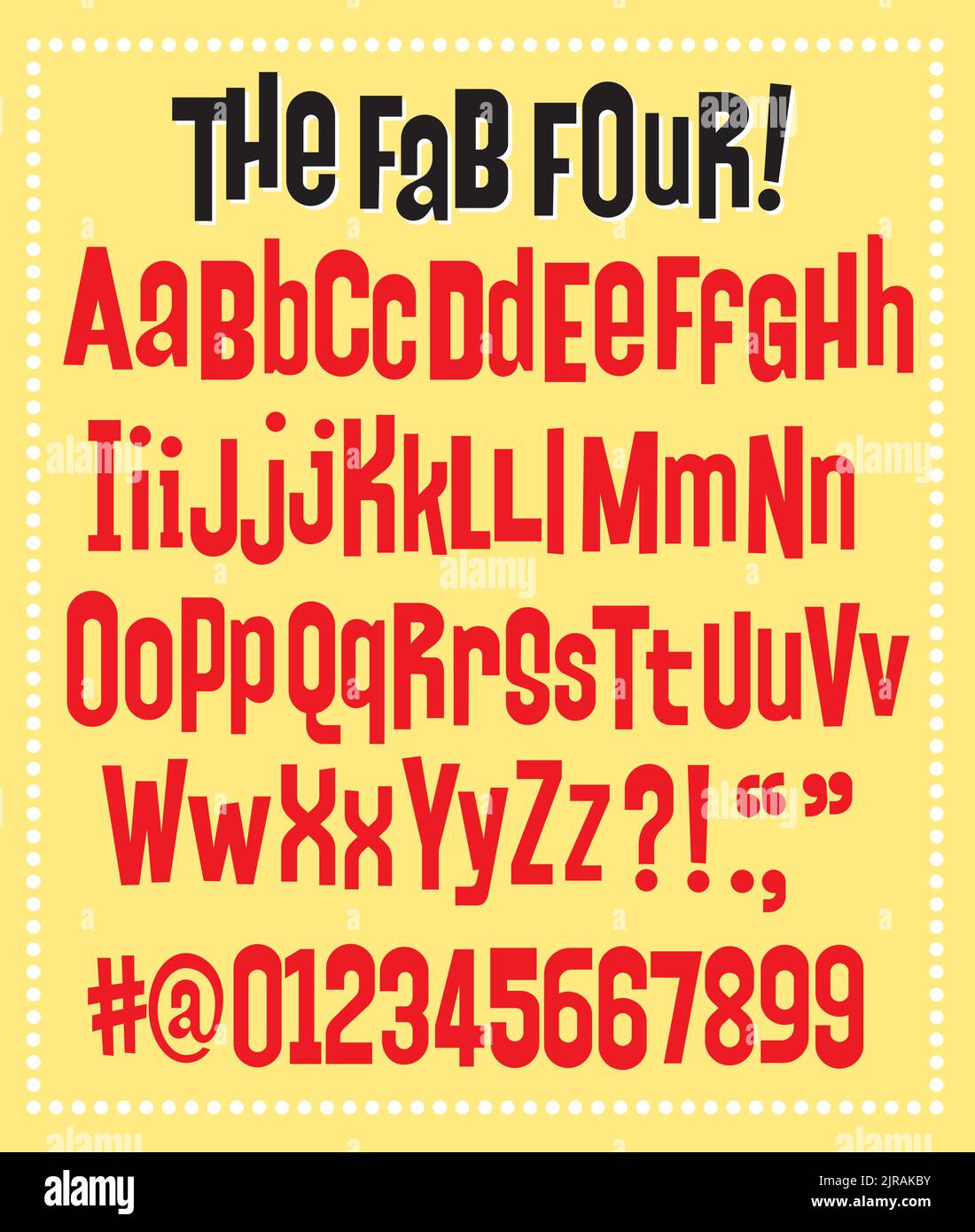 Lettering or typeface inspired by vintage Beatles graphics. Retro vector Fab Four font or alphabet inspired by Hard Day’s Night movie poster. Stock Vector