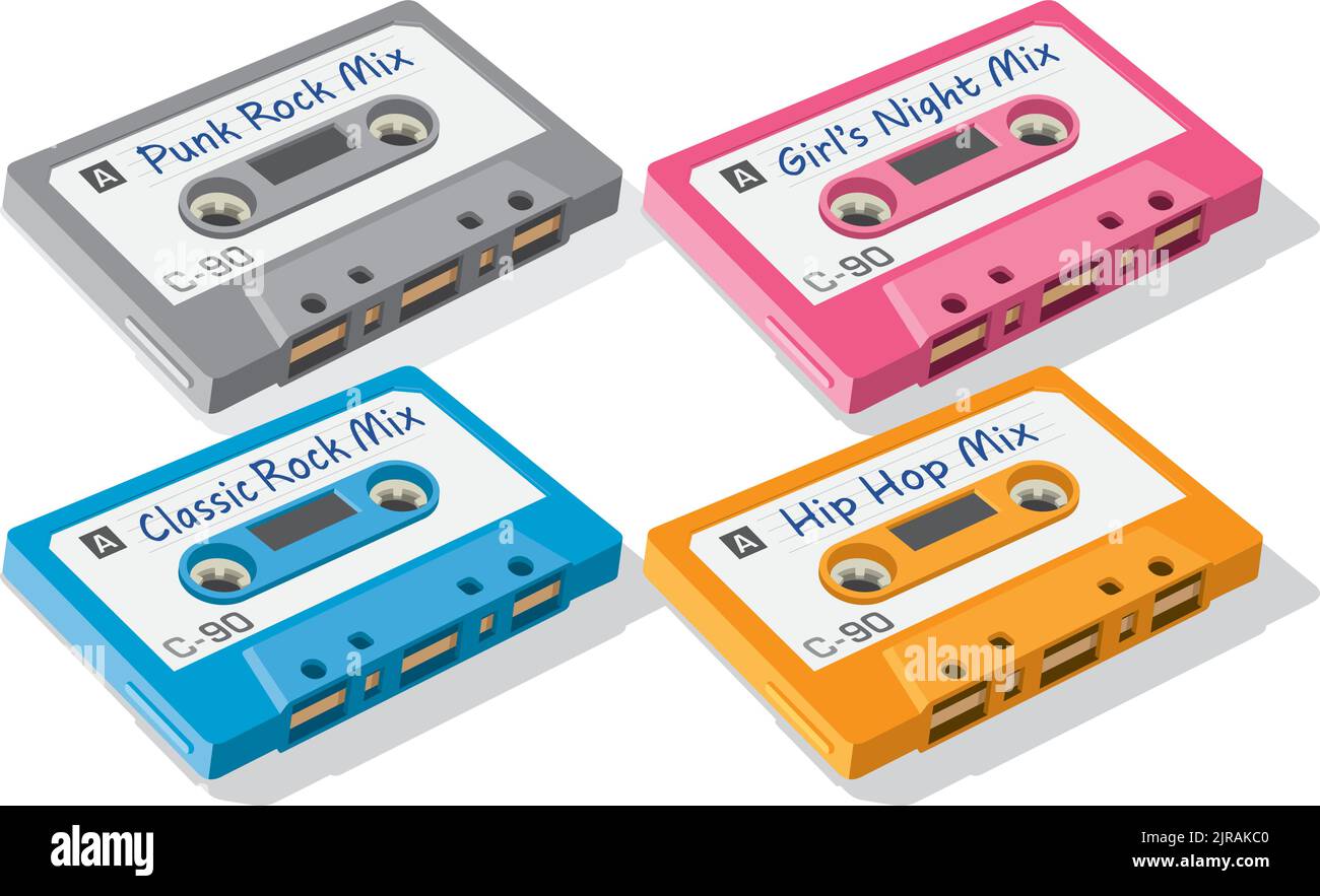Vector Illustration of multiple vintage audio cassette mix tapes. Digital drawing of four mix tapes, each with a different genre of music. Stock Vector