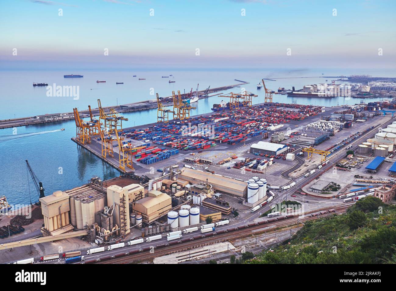 Aerial view of the sea cargo port  from the Montjuic hill, Barcelona, Catalonia, Spain. Stock Photo