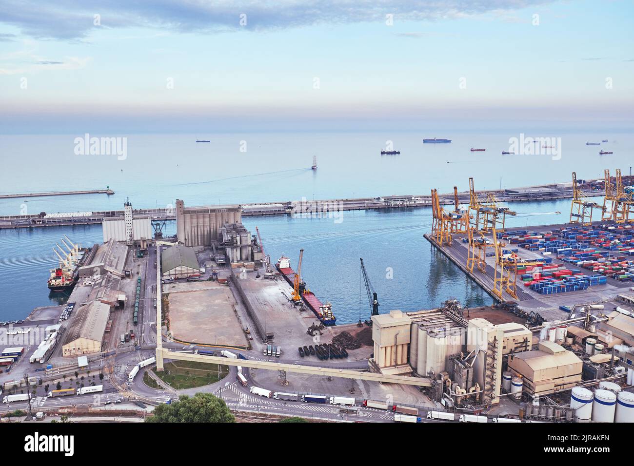 Aerial view of the sea cargo port  from the Montjuic hill, Barcelona, Catalonia, Spain. Stock Photo