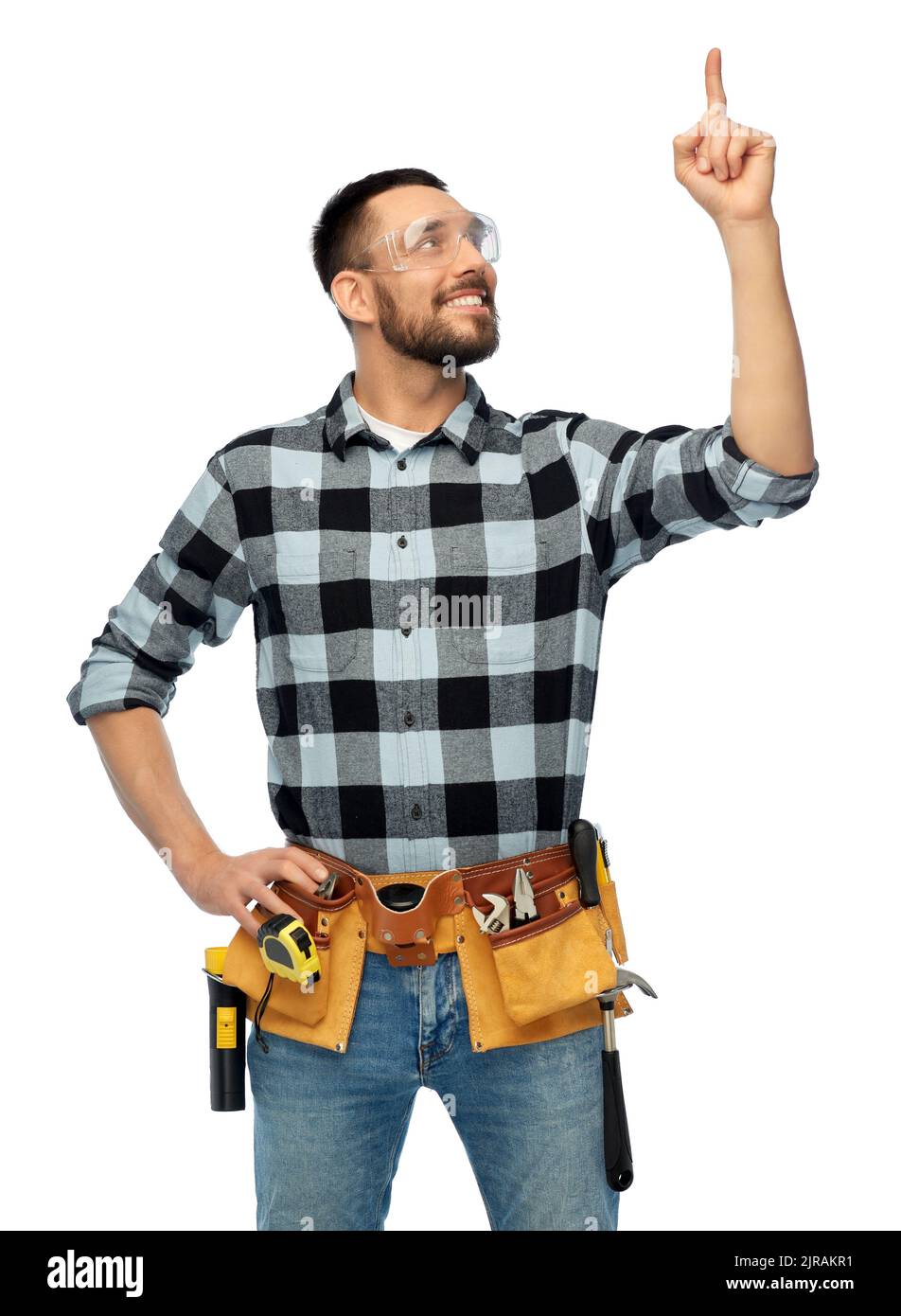 happy male worker or builder with tool belt Stock Photo
