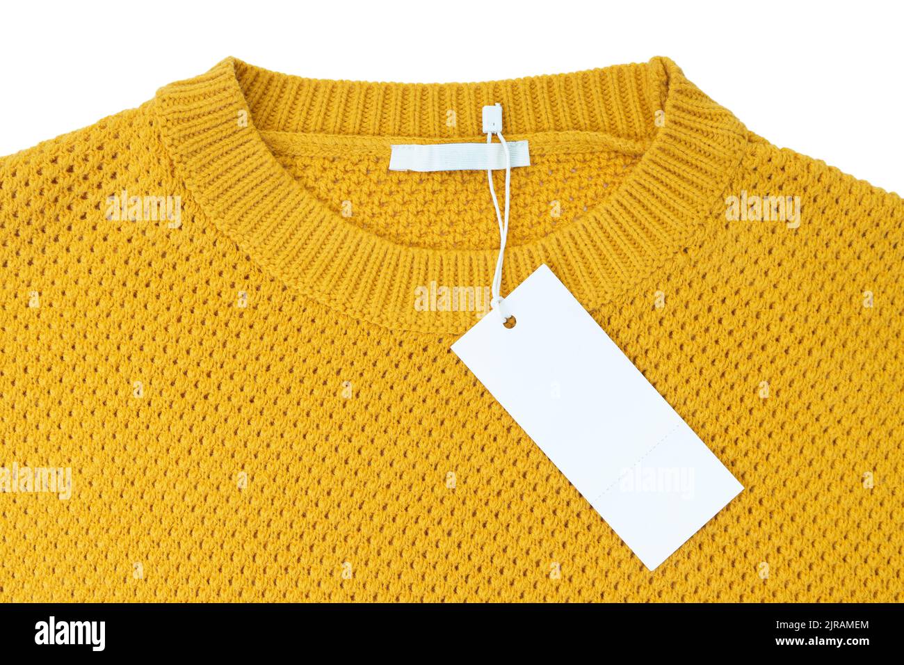 White blank rectangular clothing tag, label mockup template on yellow