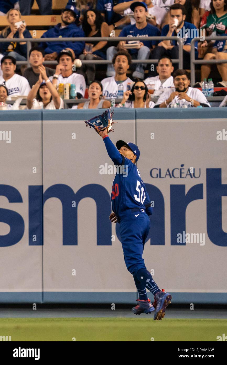 Los Angeles Dodgers right fielder Mookie Betts (50) makes a catch