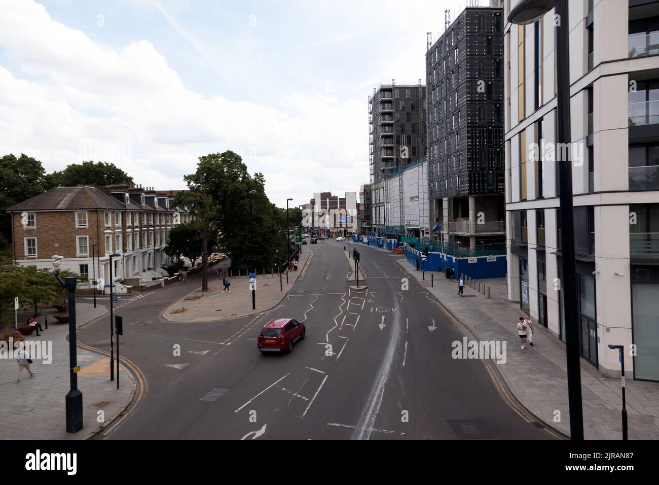 A view down Lewisham High  Street  towards the site of the former Roundabout, showing Phase II of the Lewisham Gateway Development, on the Right Side. Stock Photo