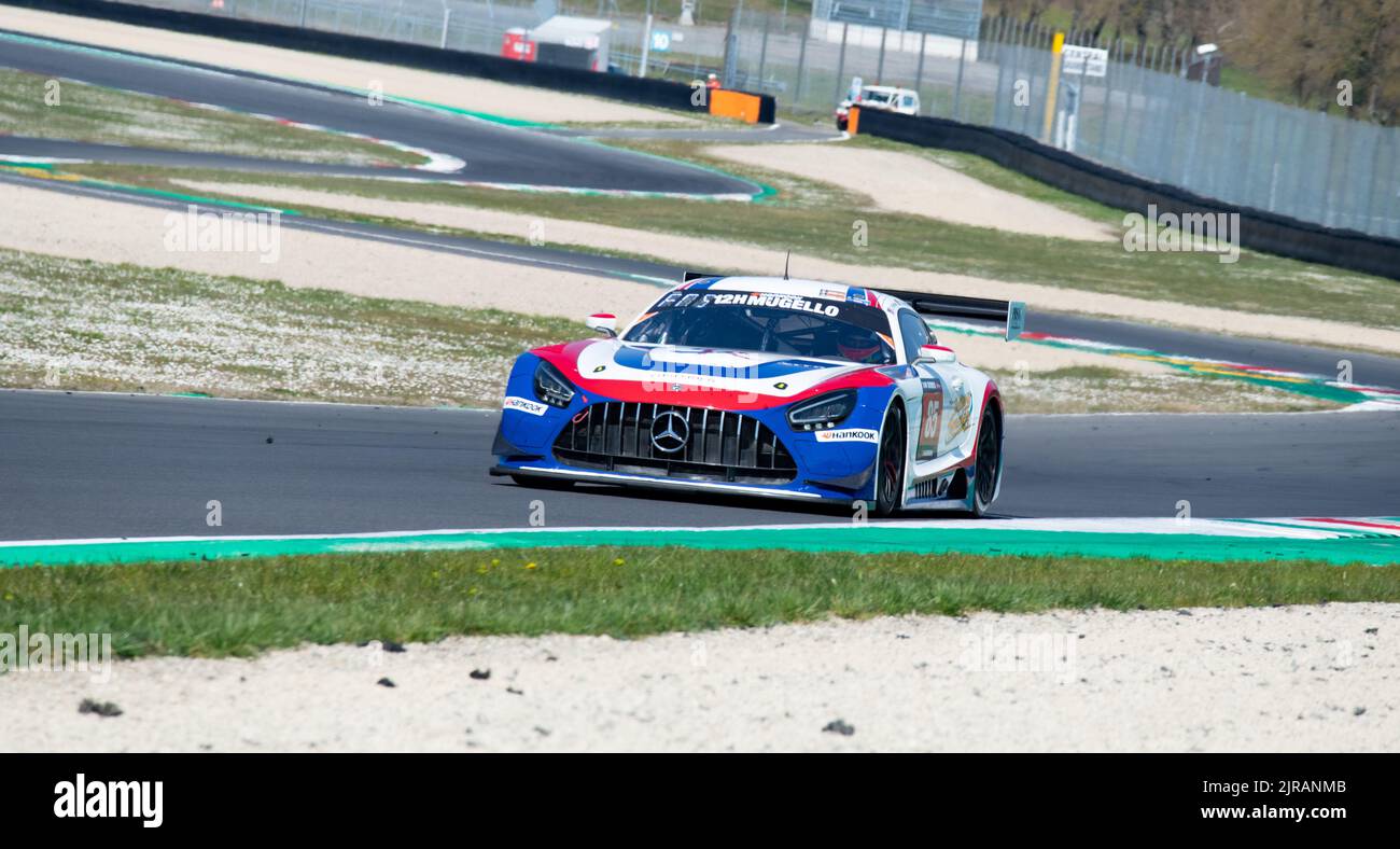 Mercedes AMG gt race car action on racetrack. Mugello, Italy, march 25 2022. 24 Hours series Stock Photo