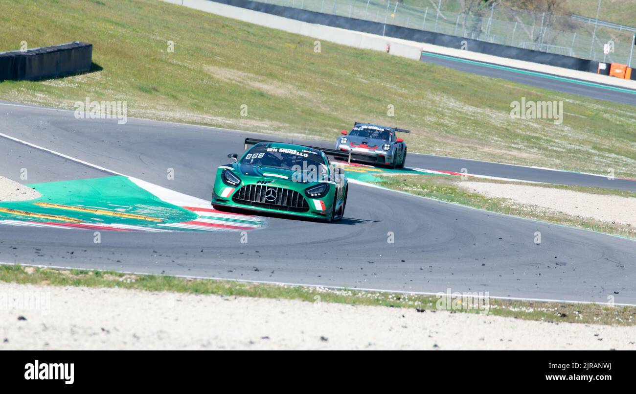 Mercedes AMG gt race car action on racetrack. Mugello, Italy, march 25 2022. 24 Hours series Stock Photo