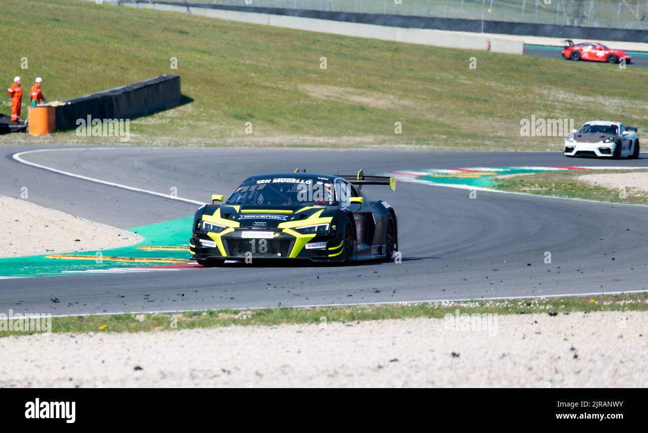 Audi R8 gt race car action on racetrack. Mugello, Italy, march 25 2022. 24 Hours series Stock Photo