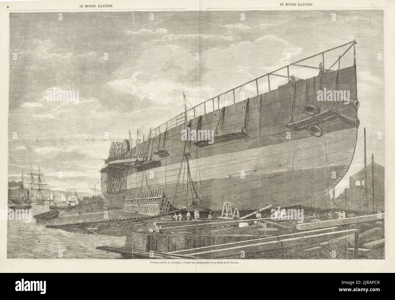 Woodcut print based on a photograph of the Leviathan, an iron sail-powered, paddle wheel and screw-propelled steamship, later known as the SS Great Eastern, under construction, November 12, 1857. Photography by Robert Howlett (1831 - 1858). Stock Photo