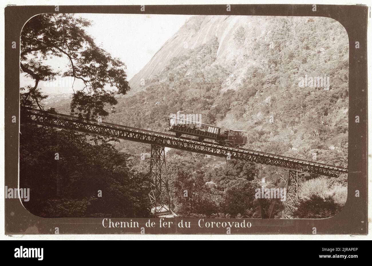 The Corcovado Rack Railway over the Silvestre Bridge, Rio de Janeiro, Brazil, circa 1890. The caption under the image reads 'Chemin de fer Corcovado.' Photography by Marc Ferrez (1843 - 1923). Stock Photo