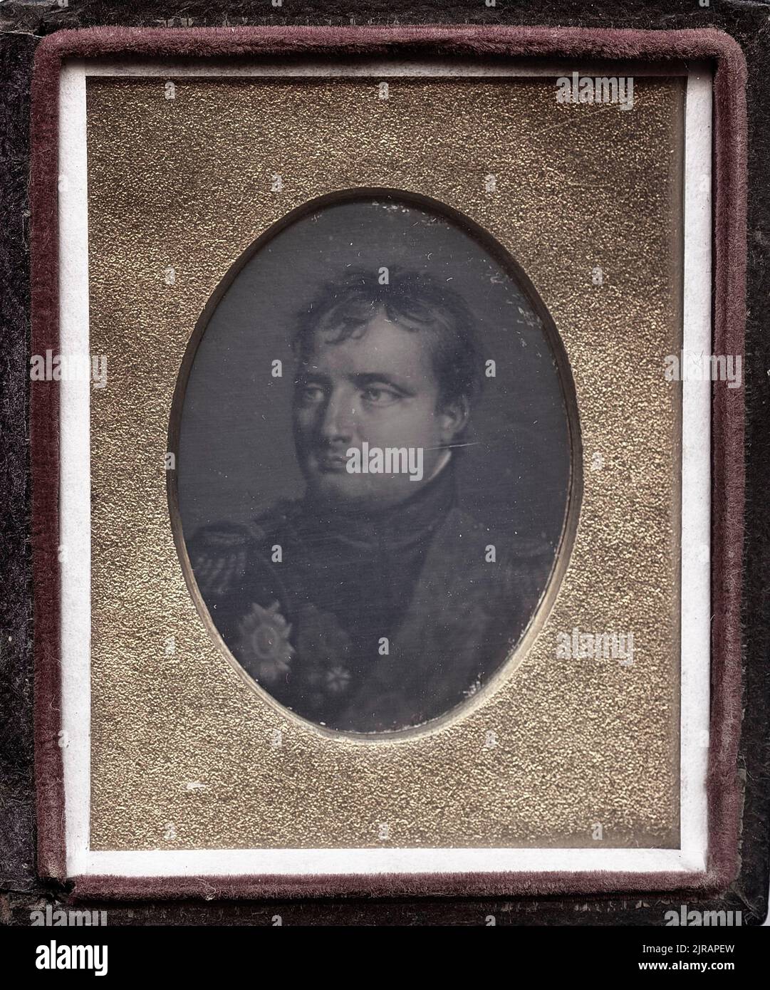 Daguerreotype of a portrait of French military and political leader Napoleon Bonaparte (1769 - 1821), circa 1855. Stock Photo