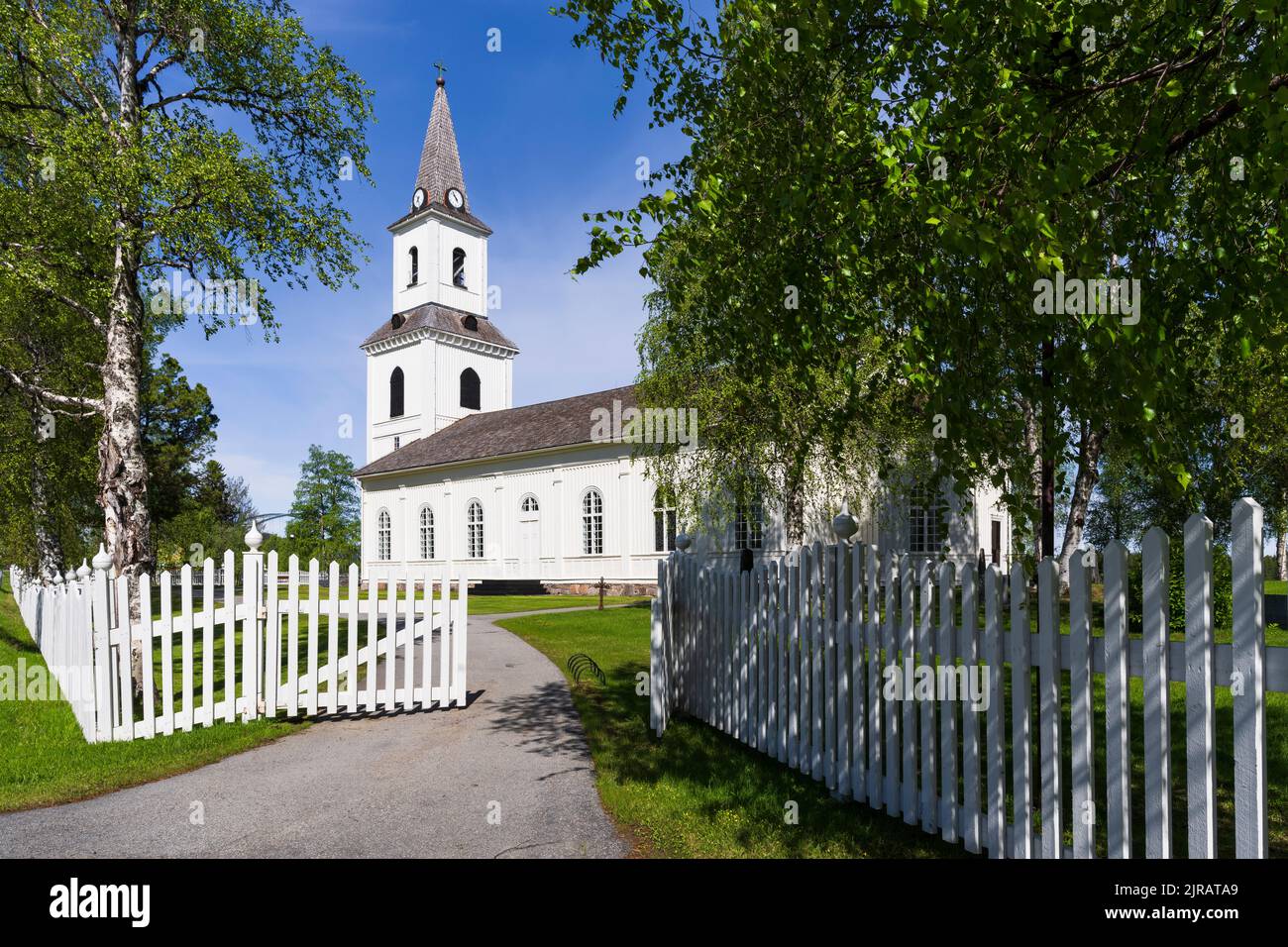 Sweden, Vasterbotten County, Sorsele, Open gate of rustic church Stock Photo