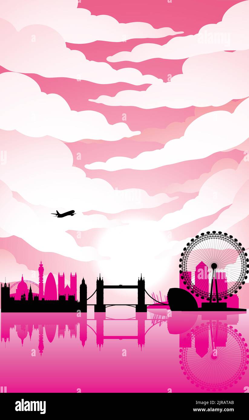 Illustration of London Landmarks Under a Pink Sunny and Cloudy Sky Stock Vector