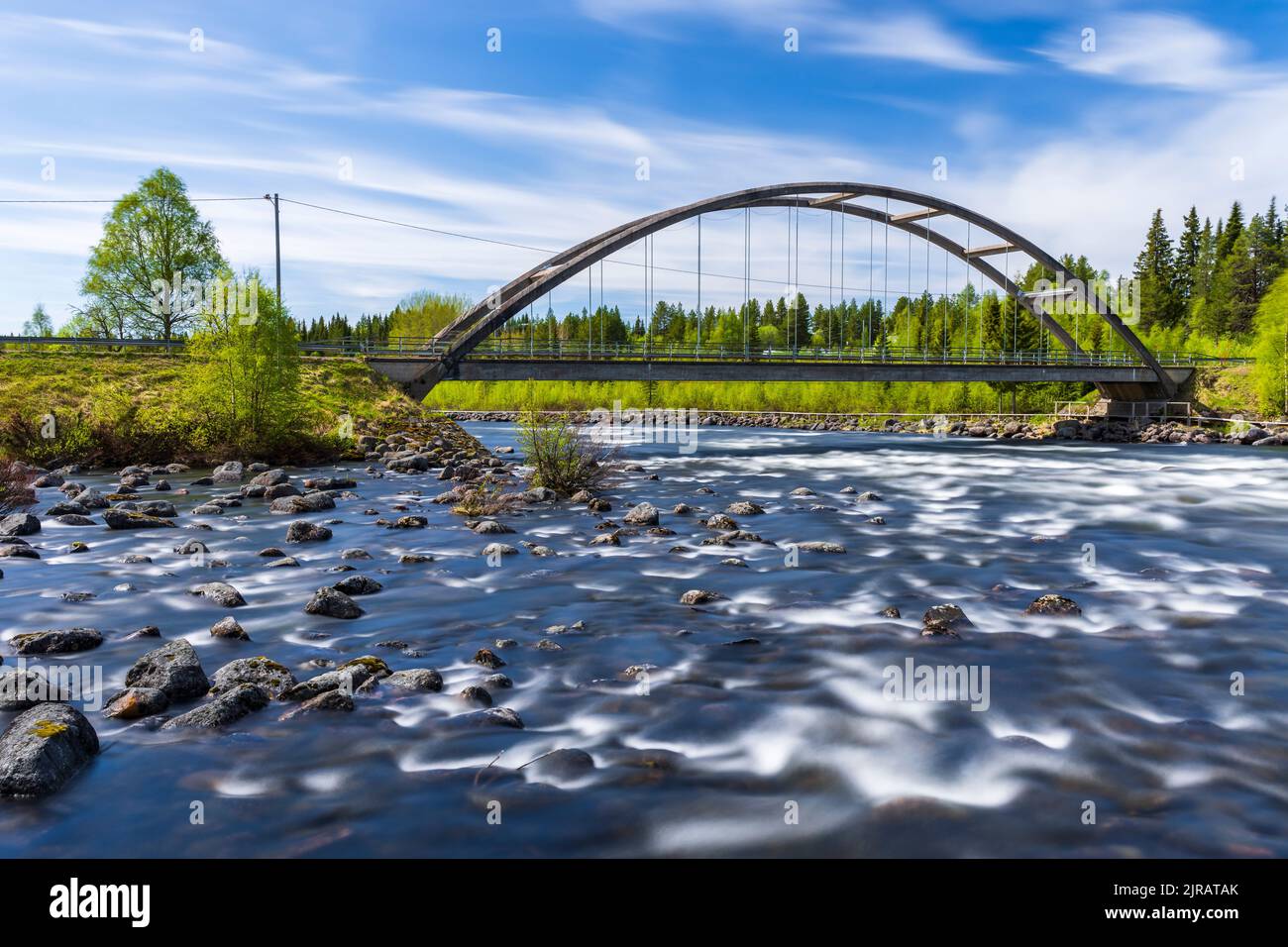 Sweden, Norrbotten County, River Slagnas and Burmabron bridge in summer Stock Photo
