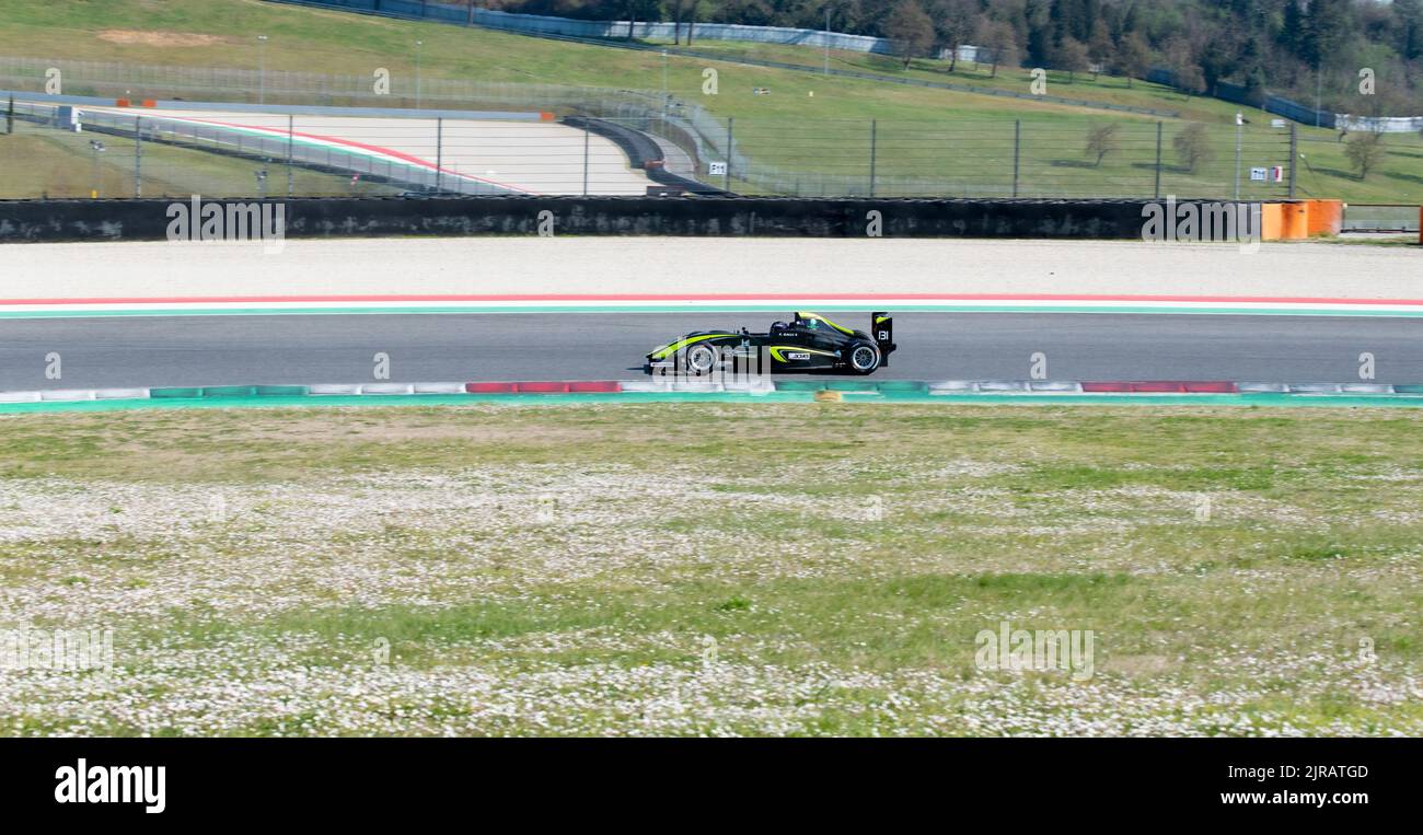 Formula race car single seater action on racetrack turn. Mugello, Italy, march 25 2022. 24 Hours series Stock Photo