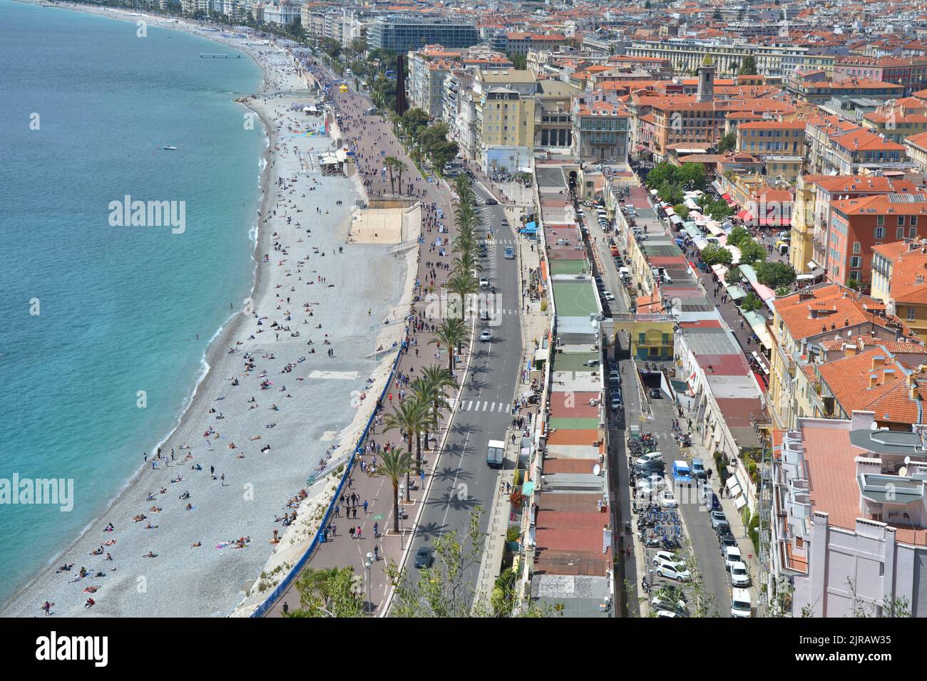 Nice, French Riviera Cote d'Azur in Provence, France. La Promenade des Anglaise in Nice. Landscape view of coastline. Stock Photo