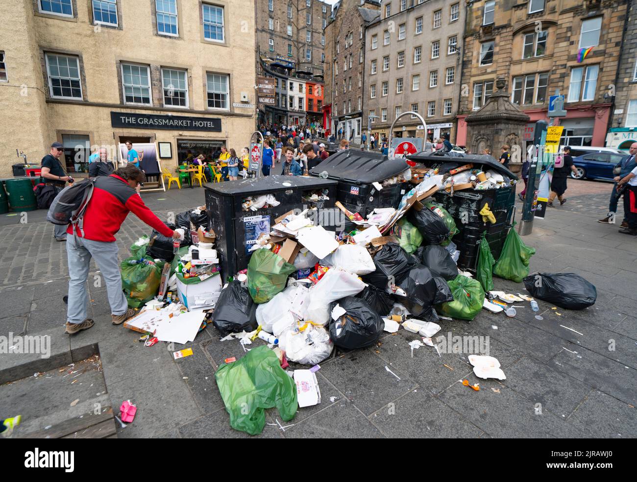 Edinburgh, Scotland, UK. 23rd  August 2022. Rubbish is seen piled on the streets of Edinburgh city centre on day six of a 12 day strike by city refuse collectors. Pic; Piles of rubbish in the Grassmarket. Iain Masterton/Alamy Live News Stock Photo