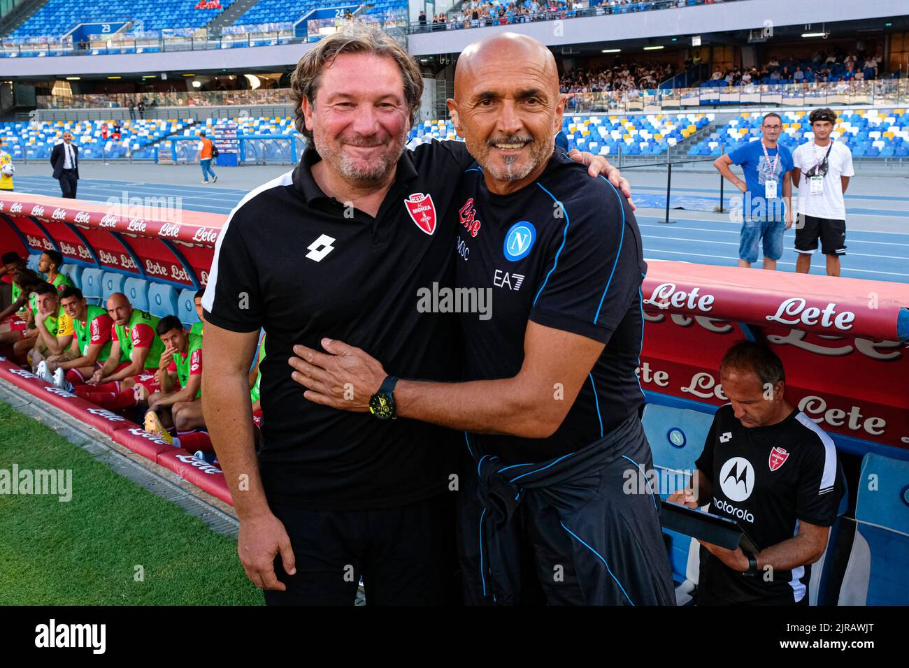 NAPLES, ITALY - AUGUST 21: head coach Giovanni Stroppa of AC Monza, head coach Luciano Spalletti of Napoli during the Italian Serie A match between Napoli and AC Monza at Stadio Diego Armando Maradona on August 21, 2022 in Naples, Italy (Photo by Ciro Santangelo/Orange Pictures) Stock Photo