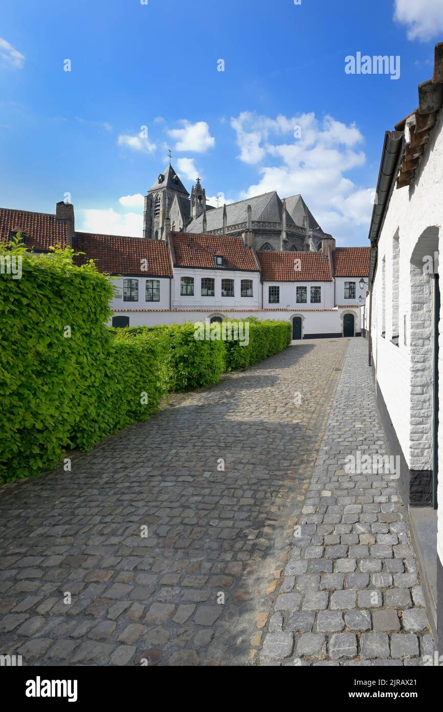 Saint Elisabeth Beguinage, Church of Our Lady behind, Kortrijk, Flanders, Belgium Stock Photo
