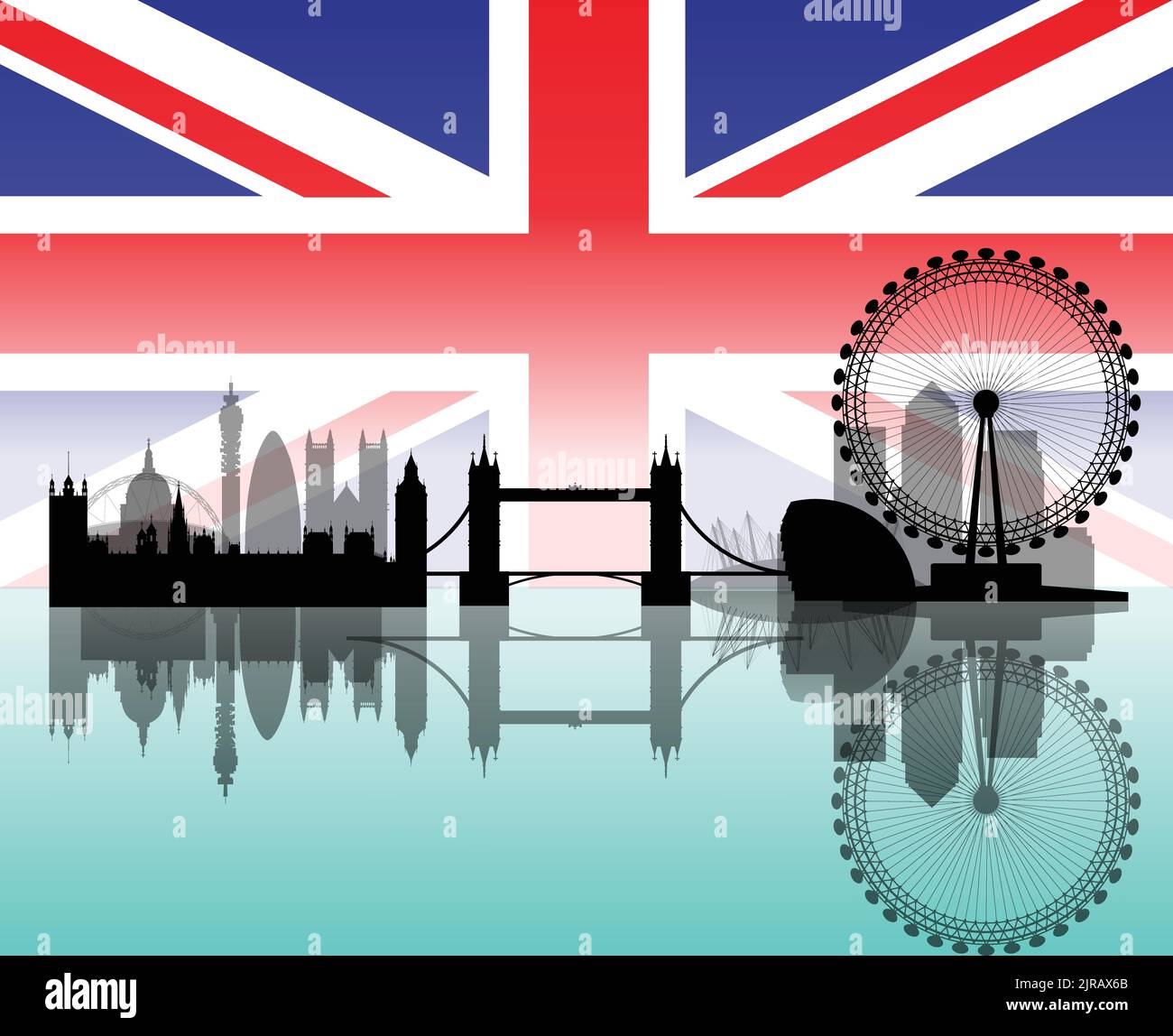Illustration of London with Extreme Details and Transparency Over Union Jack Flag Stock Vector