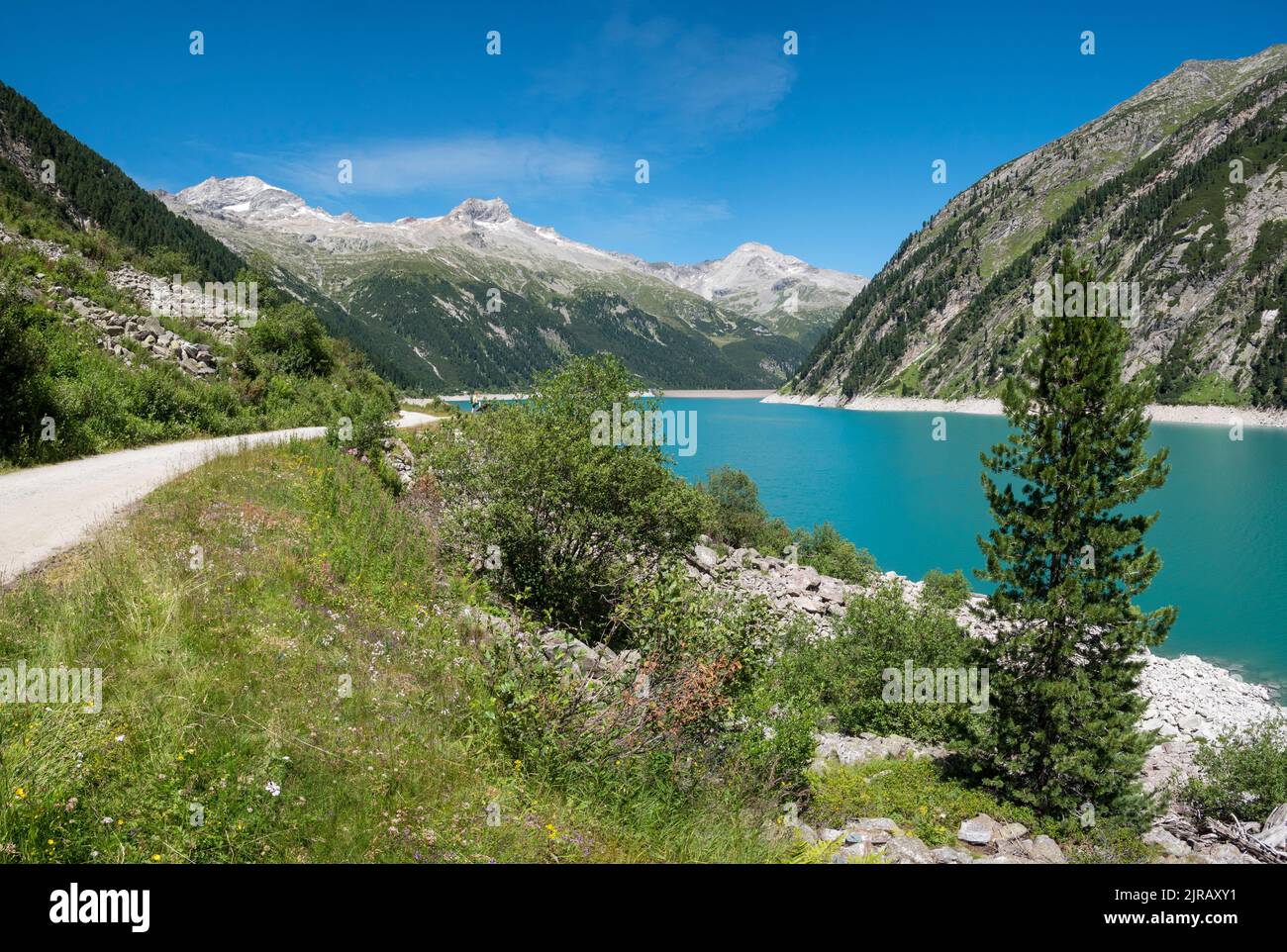 This is the Schlegeis Stausee hydroelectric reservoir at the head of the Zamsergrund valley near the resort town of Mayrhofen in the Zillertal Alps Stock Photo