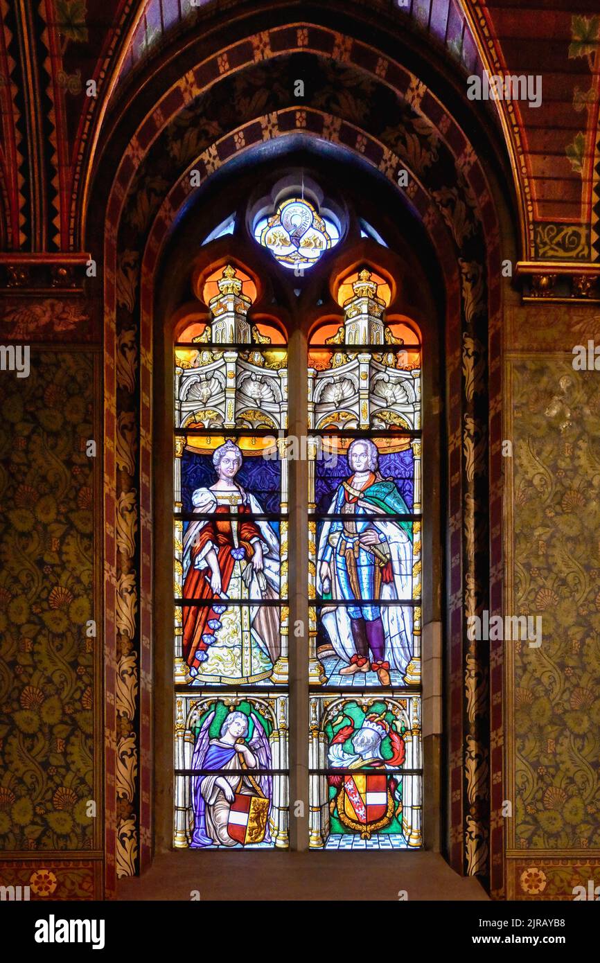 Holy Blood chapel, Figurative stained-glass window, Bruges, Belgium Stock Photo
