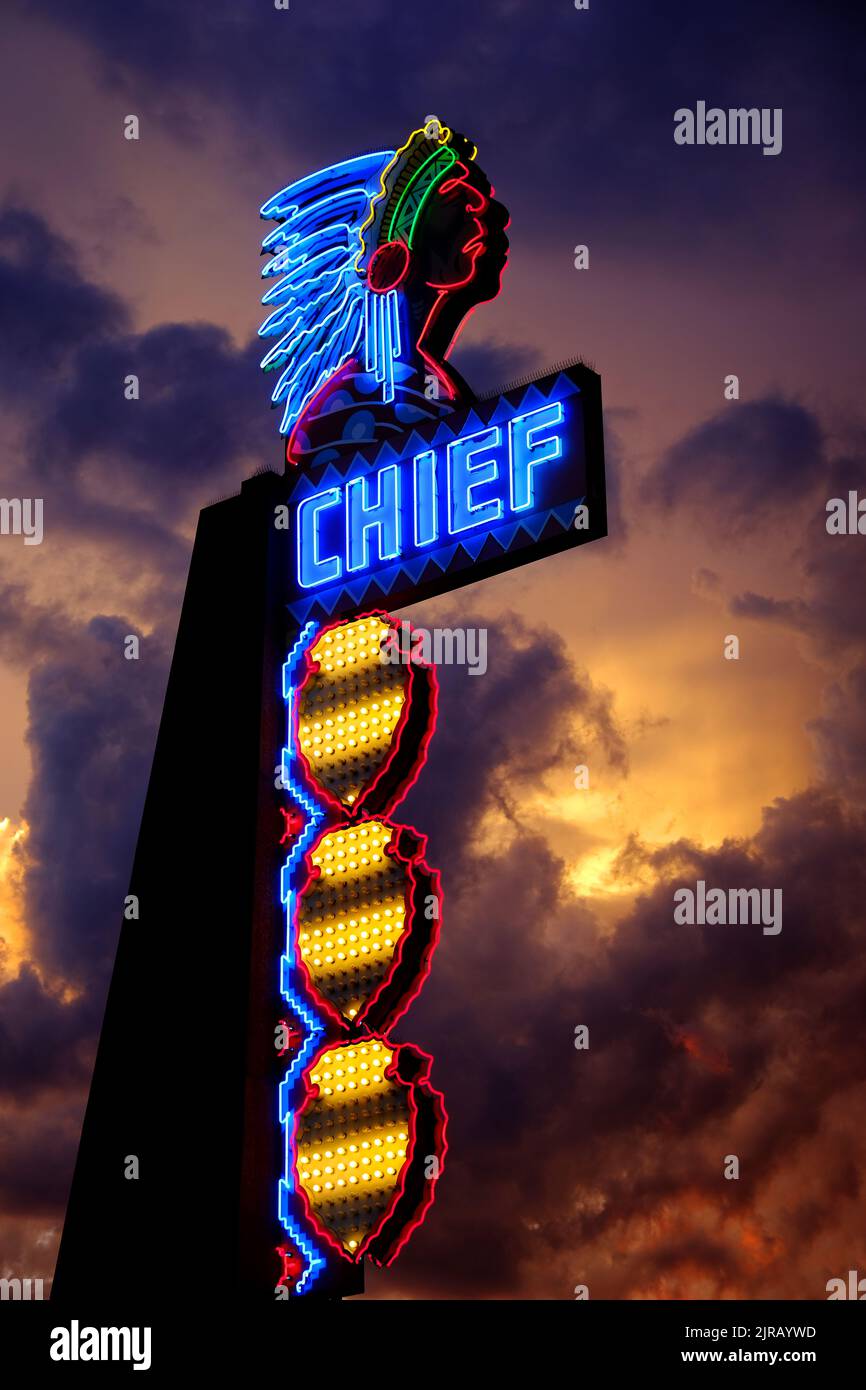 Chief Theater sign in Pocatello Idaho glowing neon light at night Stock