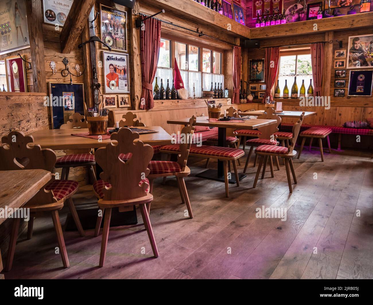 One of several traditionally themed bars on the Penkenjoch recreational area near the resort town of Mayrhofen in the Zillertal Alps of the Tirol Stock Photo