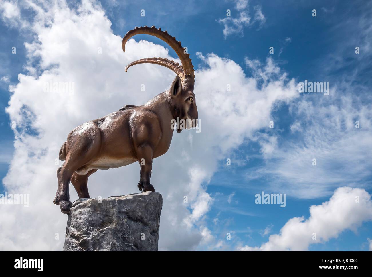 Sculpture of the Ibex Steinbok antelope at the Penkenjoch recreational area above the town of Mayrhofen in the Zillertal Alps of the Austrian Tirol Stock Photo