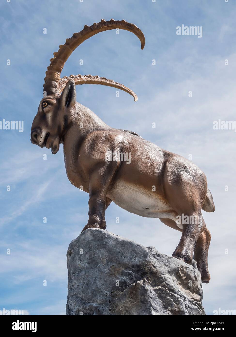 Sculpture of the Ibex Steinbok antelope at the Penkenjoch recreational area above the town of Mayrhofen in the Zillertal Alps of the Austrian Tirol Stock Photo