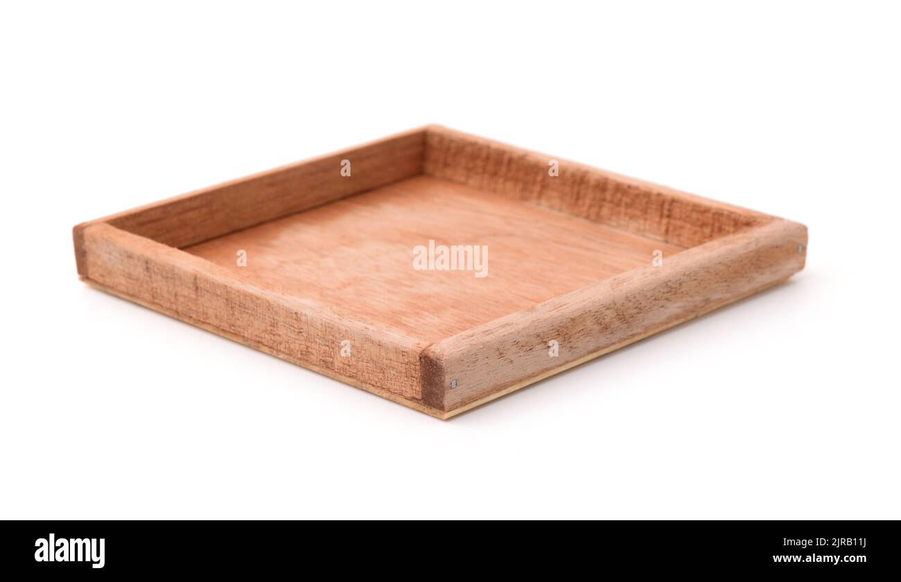Empty wooden packaging tray isolated on white Stock Photo