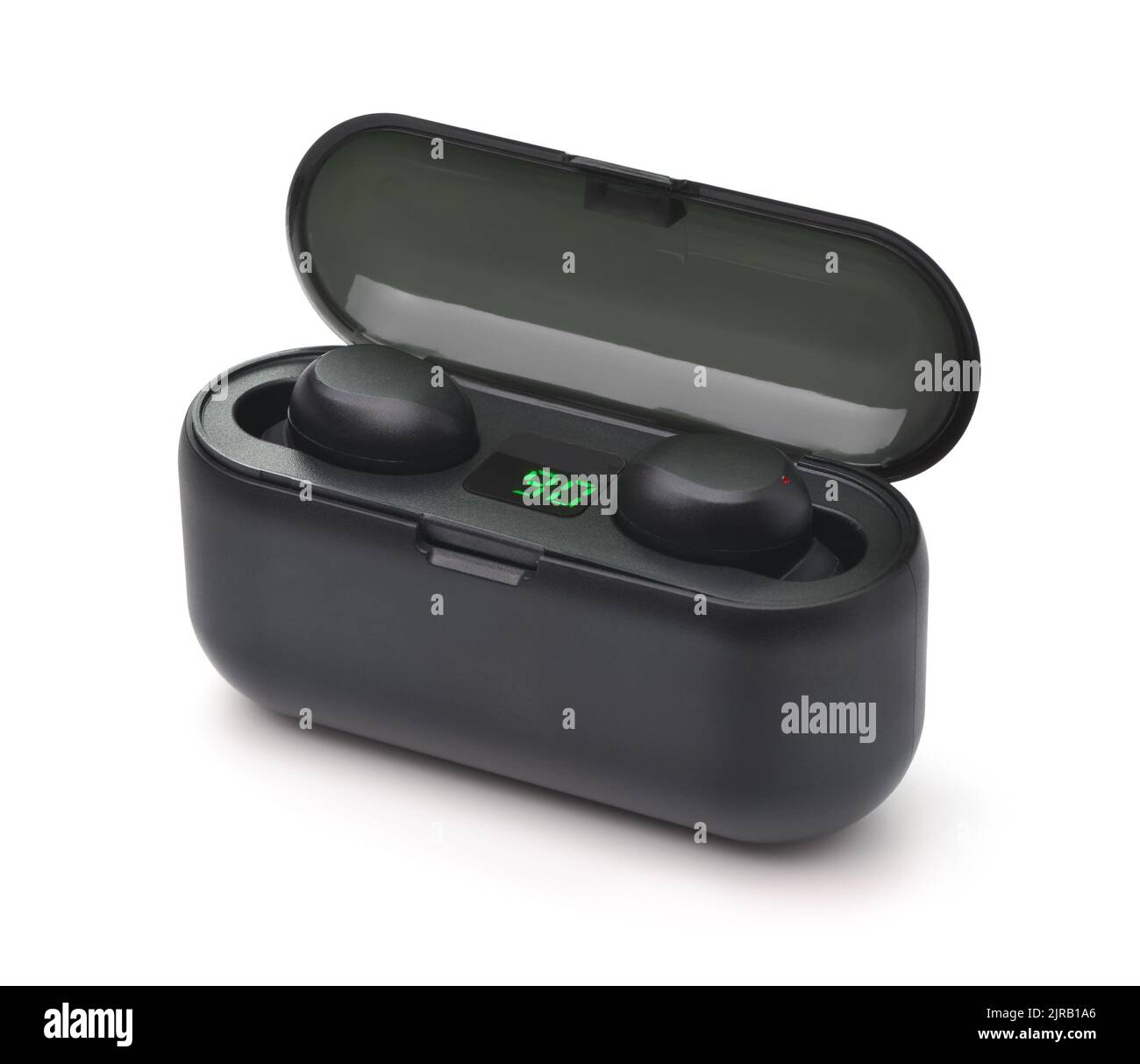 Pair of black true wireless earbuds in charging case isolated on white Stock Photo Alamy