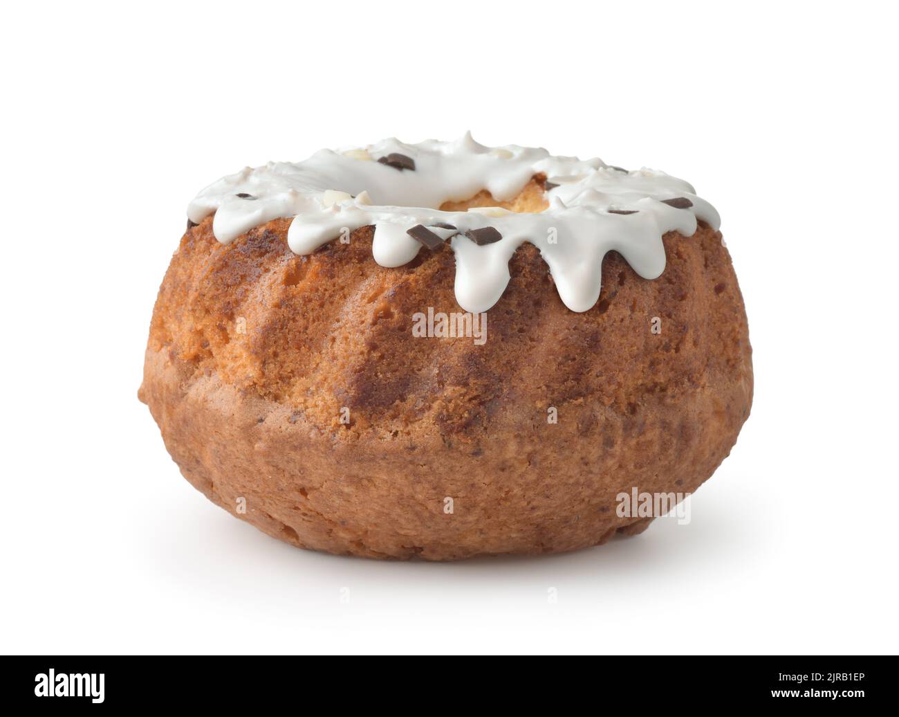 Homemade pumpkin bundt cake with powdered sugar glaze and chocolate chips isolated on white Stock Photo