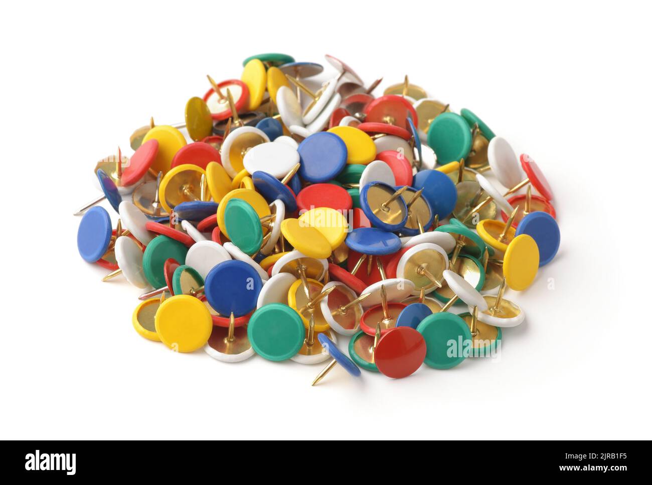 Pile of colorful metal thumb tacks isolated on white Stock Photo