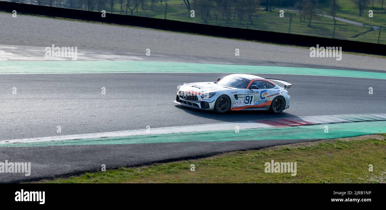 Mercedes AMG gt racing car action on racetrack. Mugello, Italy, march 25 2022. 24 Hours series Stock Photo