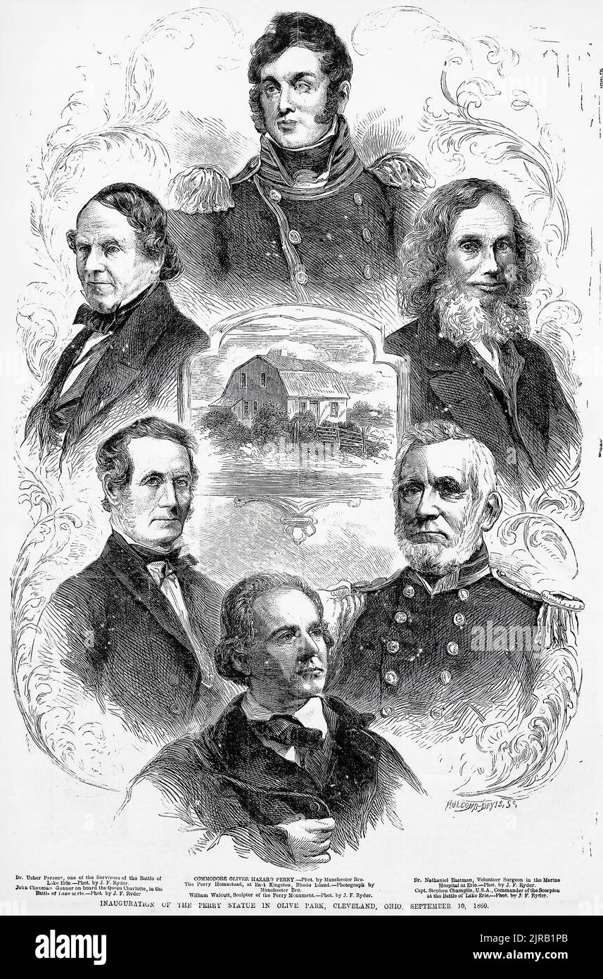 Inauguration of the Perry statue in Olive Park, Cleveland, Ohio, September 10th, 1860 - Portraits of Dr. Usher Parsons, Commodore Oliver Hazard Perry, William Walcutt, Dr. Nathaniel Eastman, Captain Stephen Champlin. 19th century illustration from Frank Leslie's Illustrated Newspaper Stock Photo