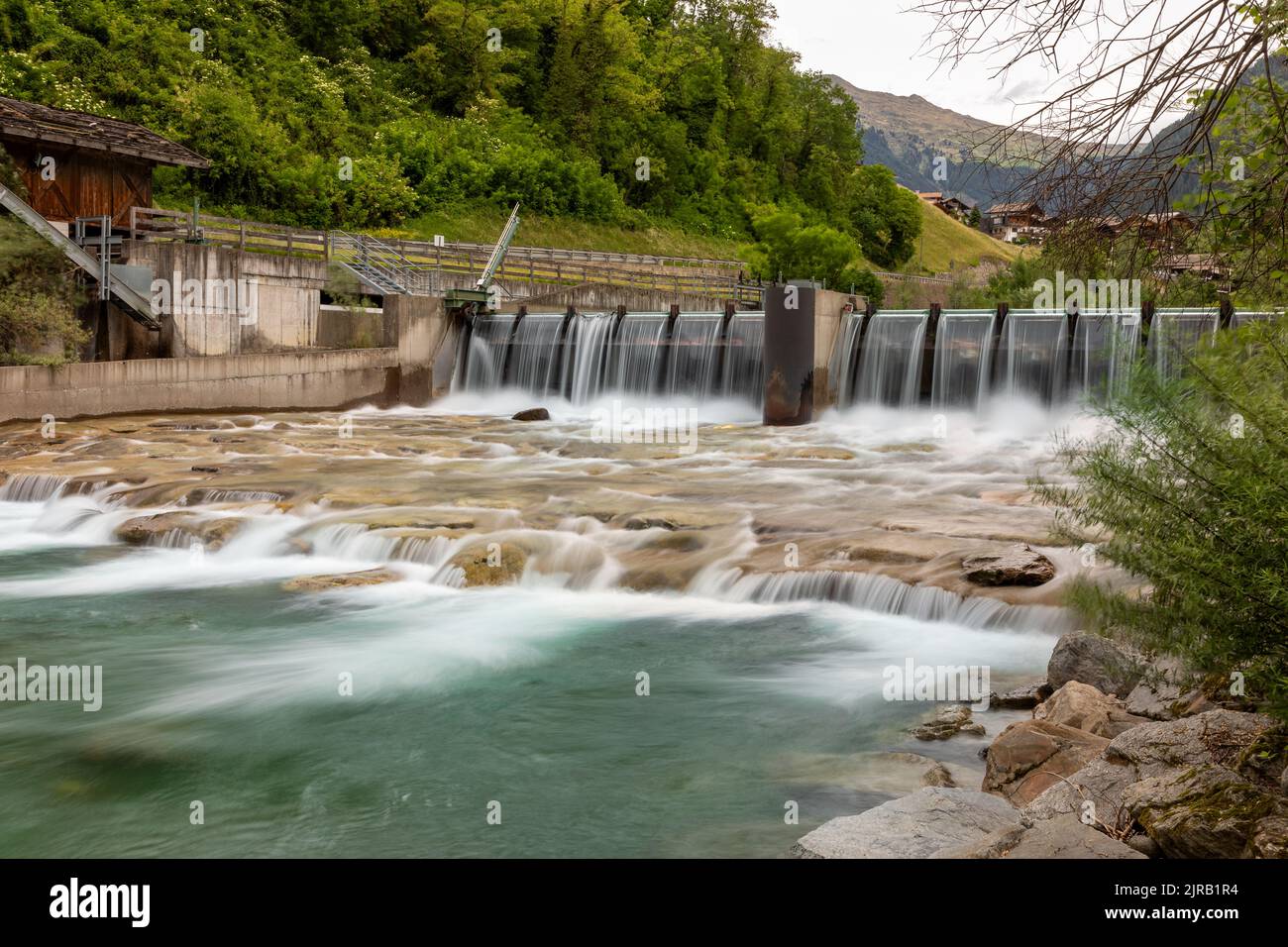 Small weir at Passer river near Saint Martin, Passeier Valley, South Tyrol Stock Photo