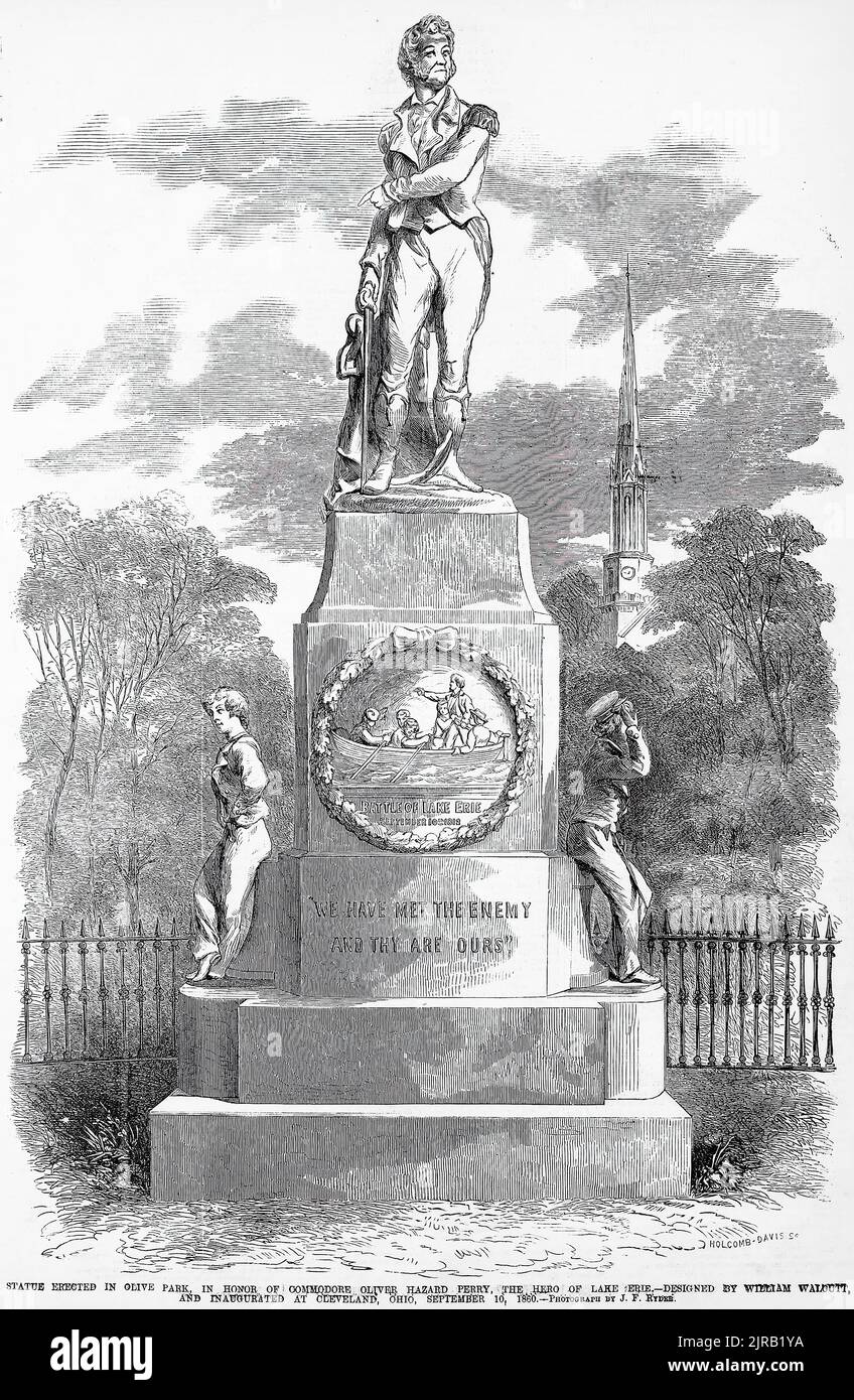 Erected in Olive Park, in honor of Commodore Oliver Hazard Perry, the hero of Lake Erie - Designed by William Walcutt, and inaugurated at Cleveland, Ohio, September 10th, 1860. 19th century illustration from Frank Leslie's Illustrated Newspaper Stock Photo