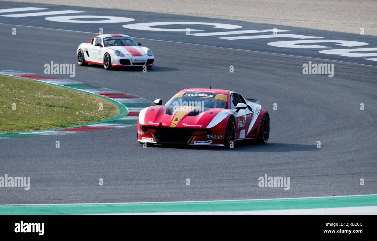 Ligier J2S red racing car action on racetrack. Mugello, Italy, march 25 2022. 24 Hours series Stock Photo
