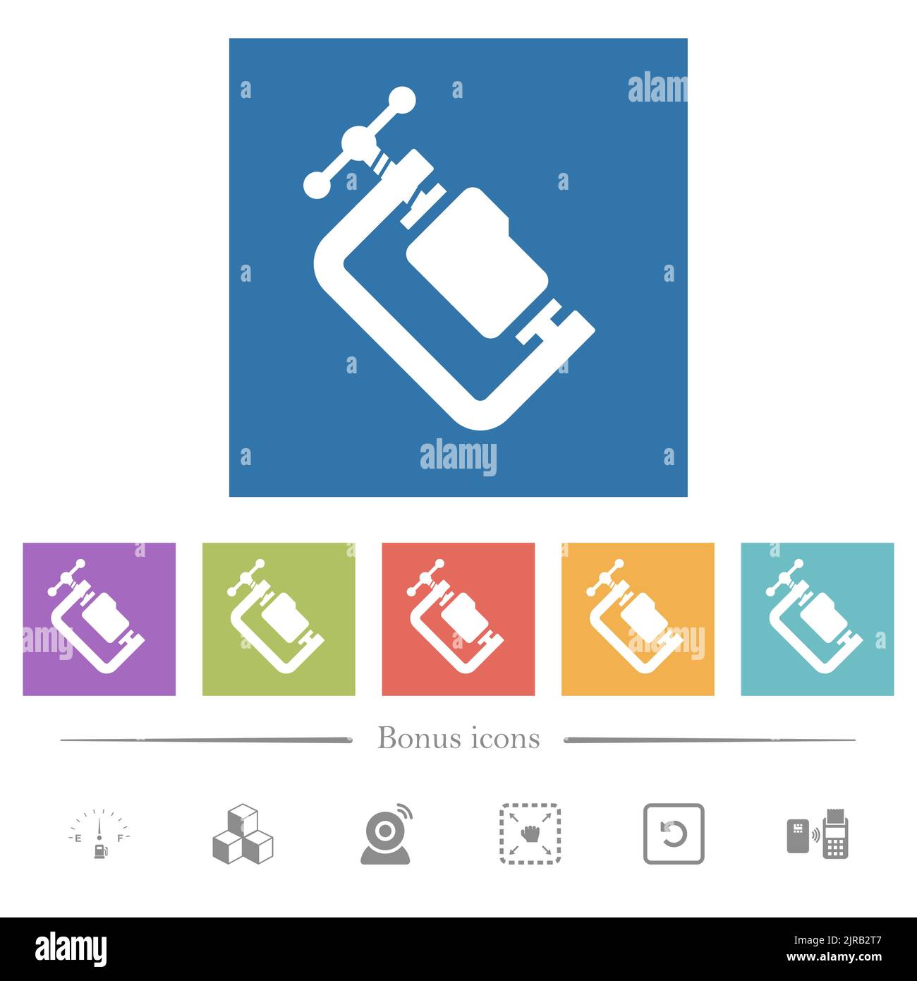 Folder compression solid flat white icons in square backgrounds. 6 bonus icons included. Stock Vector